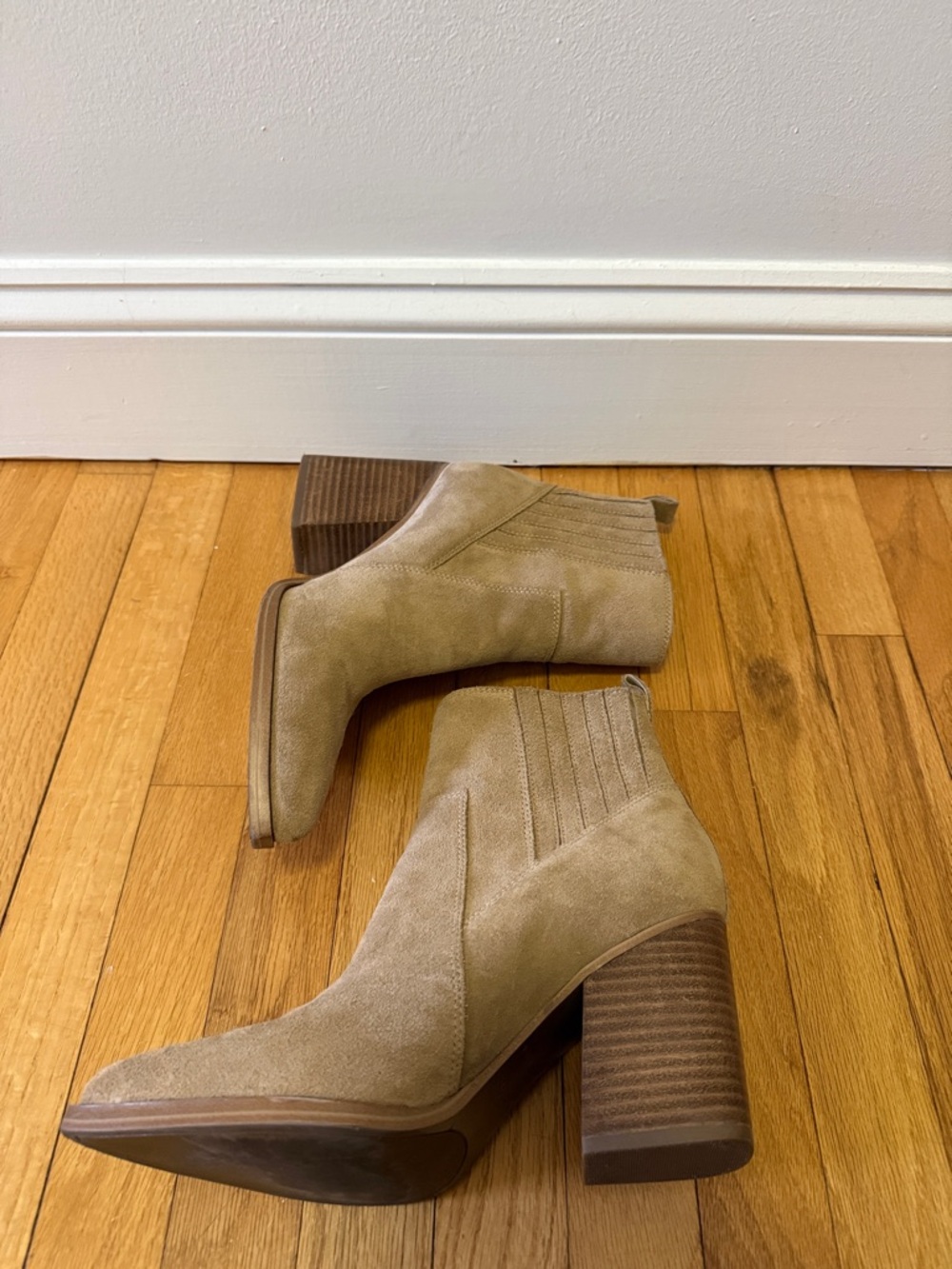 Marc Fisher Taupe Suede Stacked Heel Ankle Booties
